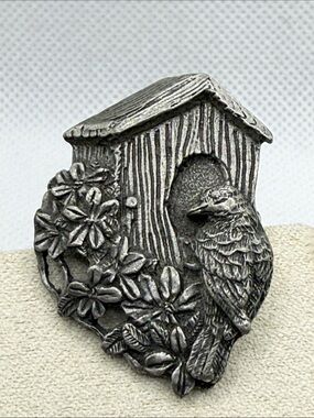 Vintage Silver-Tone Bird & Birdhouse Pin Brooch Birds & Blooms 1997